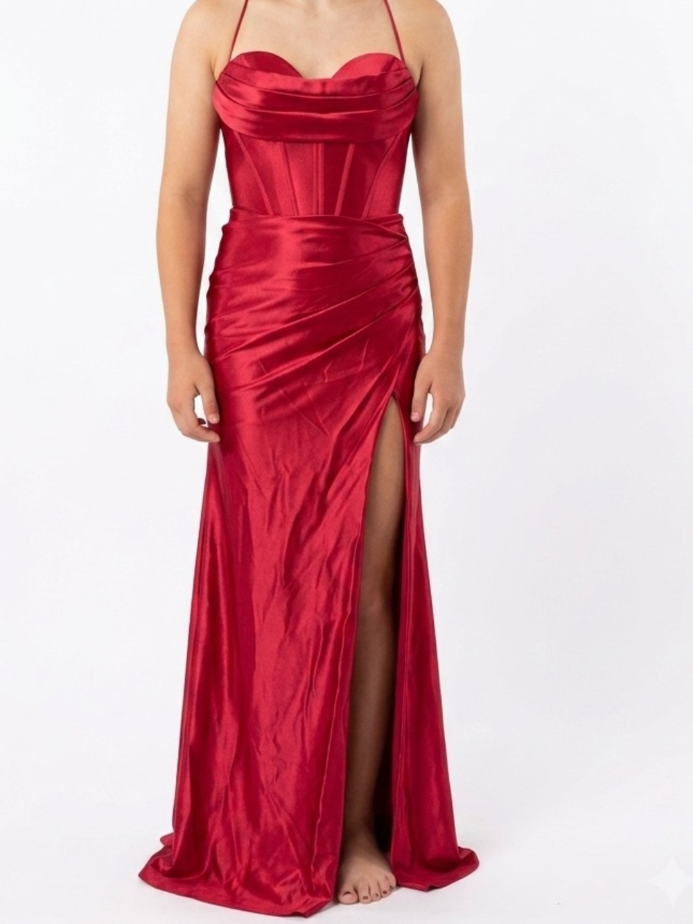 Red Satin Bustier Prom Gown with High Slit